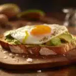 kanapka z awokado i jajkiem sadzonym podana na drewnianej desce