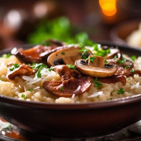 Risotto z grzybami, udekorowane kawałkami grzybów i posypane natką z pietruszki