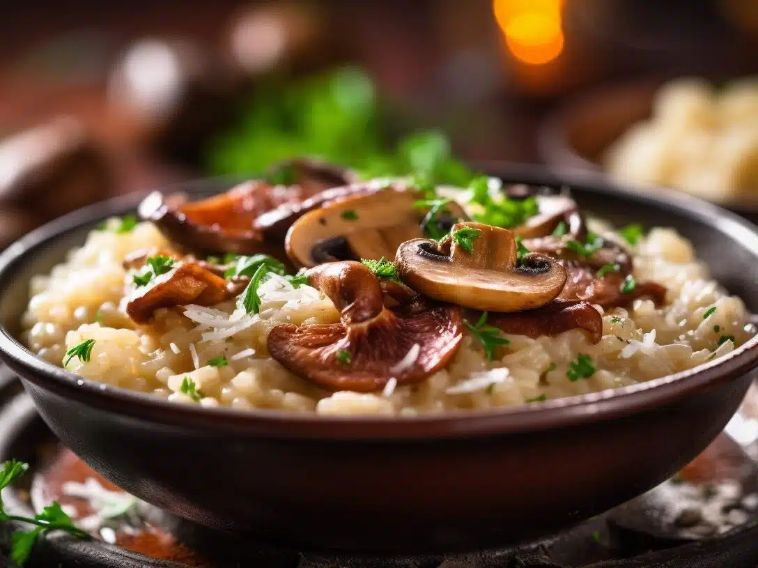 Risotto z grzybami, udekorowane kawałkami grzybów i posypane natką z pietruszki