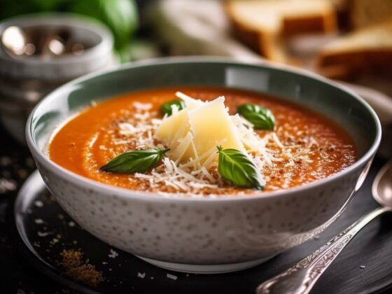 Pyszna zupa krem z pomidorów ze startym parmezanem i listkami bazylii