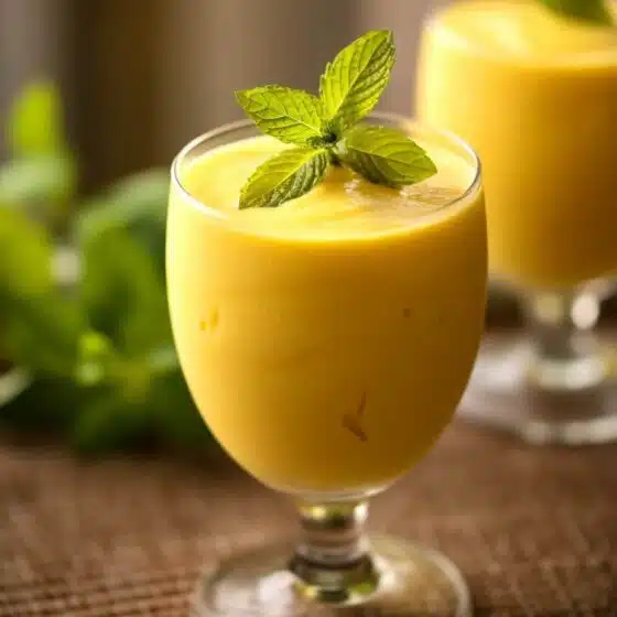 Mango lassi podane w szklance, ozdobione listkiem mięty