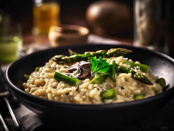 Risotto z zielonymi szparagami i pieczarkami, udekorowane natką z pietruszki i posypane tartym parmezanem