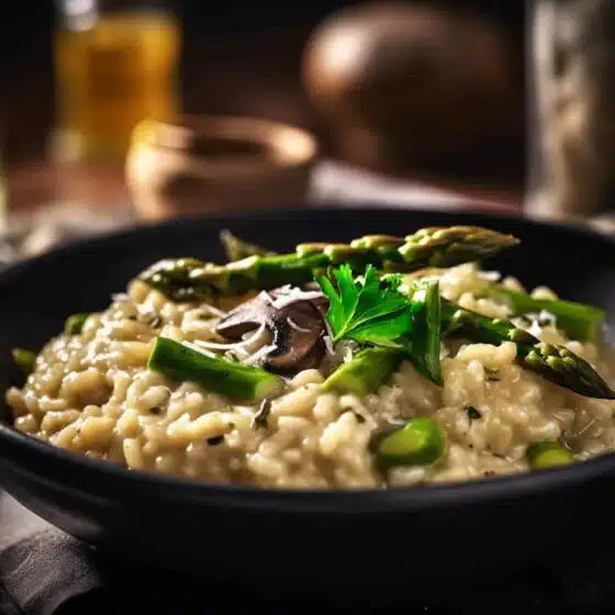 Risotto z zielonymi szparagami i pieczarkami, udekorowane natką z pietruszki i posypane tartym parmezanem