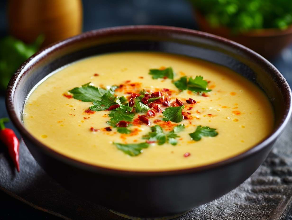 Zupa krem z kukurydzy podana w miseczce udekorowana siekanym chilli i kolendrą