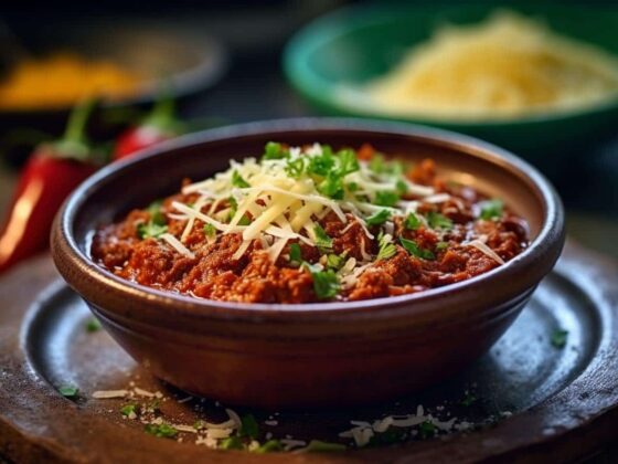 Chili con carne posypane tartym cheddarem, udekorowane świeżą kolendrą, podane w miseczce