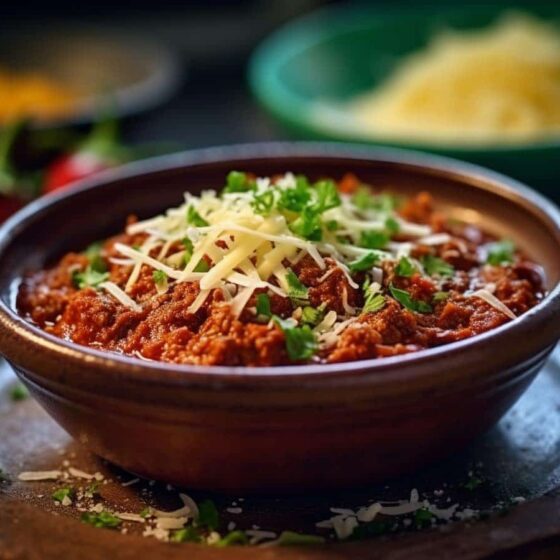 Chili con carne posypane tartym cheddarem, udekorowane świeżą kolendrą, podane w miseczce