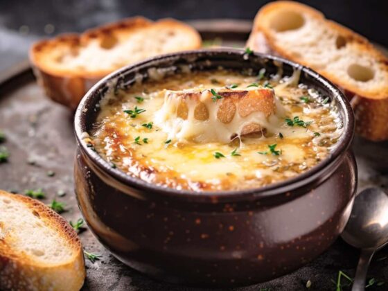 Zupa cebulowa z grzankami, zapiekanym zerem i świeżym tymiankiem podana w ceramicznej miseczce