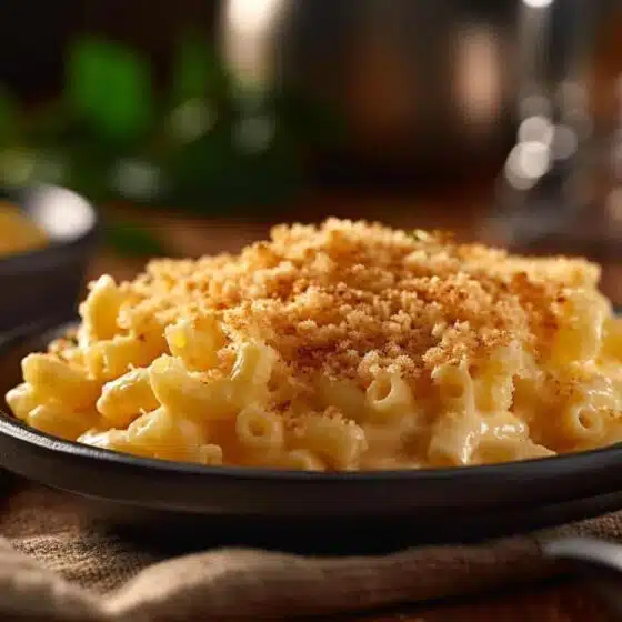 Makaron mac and cheese posypany panierką panko, podany na talerzu