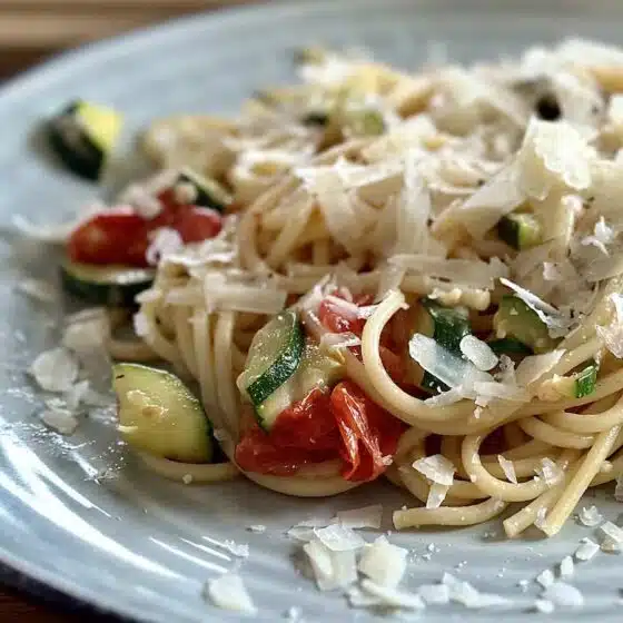 Makaron z cukinią i pomidorkami koktajlowymi, posypany tartym parmezanem, podany na talerzu