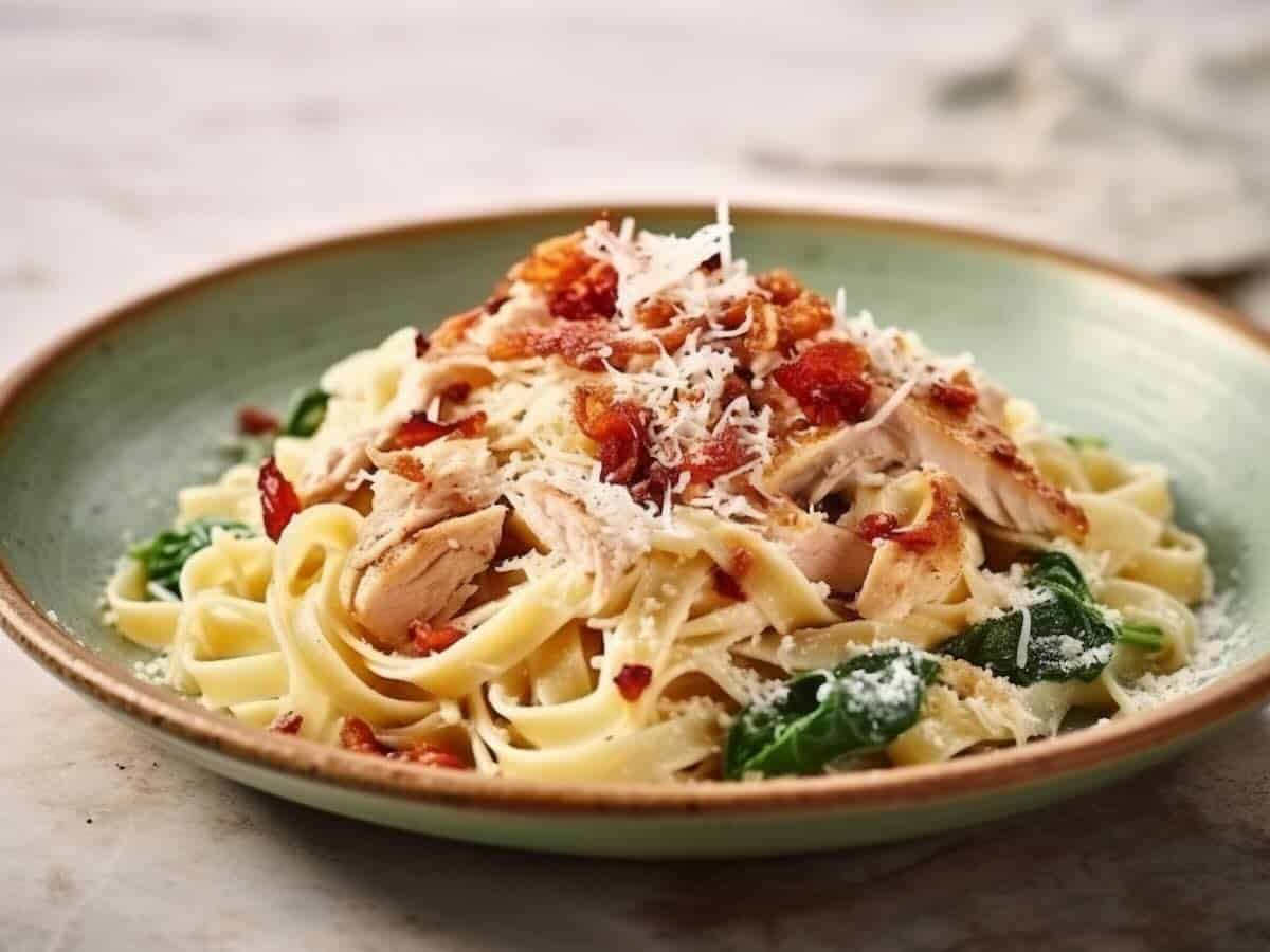 Makaron tagliatelle z kurczakiem i szpinakiem w sosie śmietanowo-cytrynowym